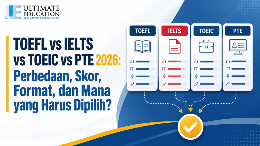 TOEFL vs IELTS vs TOEIC vs PTE 2026: Perbedaan, Skor, Format, dan Mana yang Harus Dipilih?